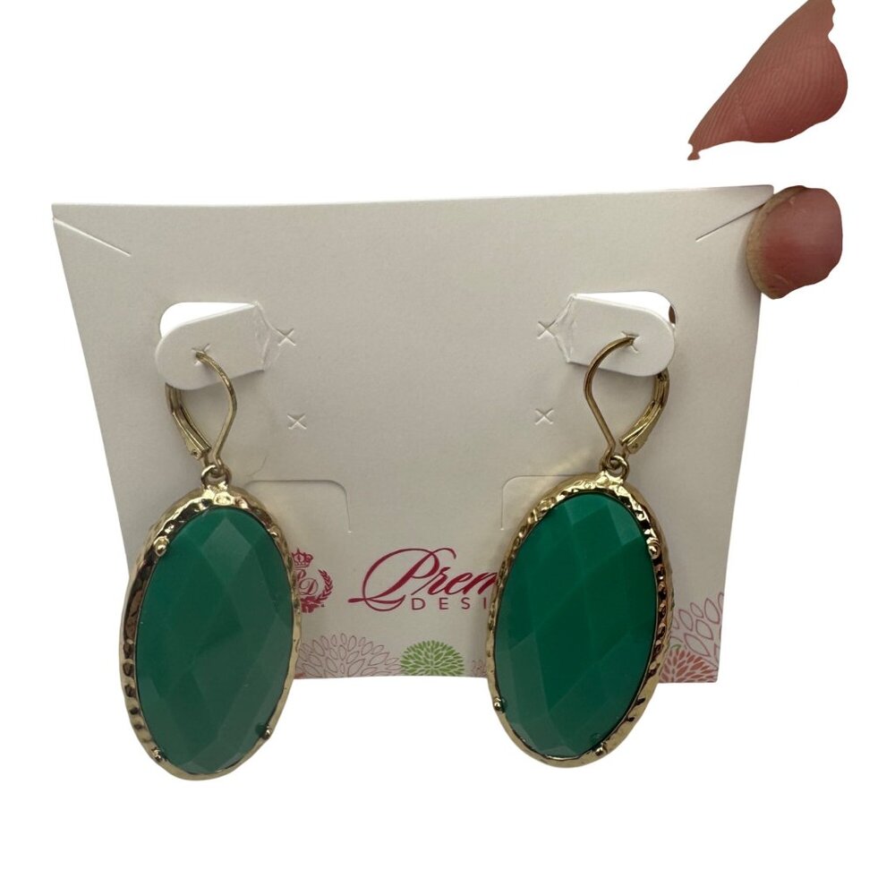 Premier Designs Faceted Oval Drop Earrings Green Gold Plated Lever Back - Picture 7 of 8
